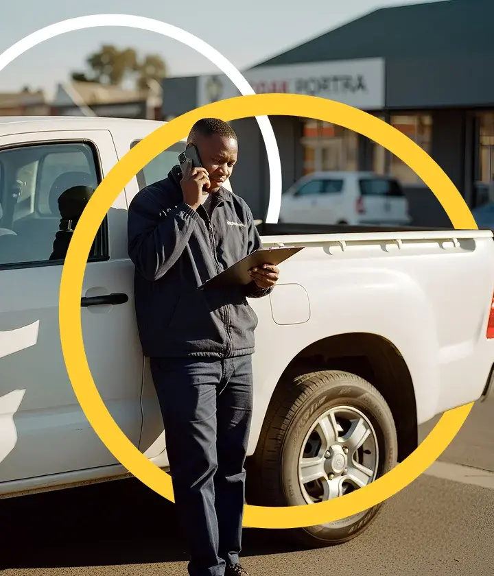 Business owner on the phone next to a company bakkie
